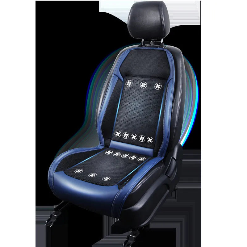 Black car seat cooling pad with USB cable connected to 12V adapter on minimalist solid-colour cushion