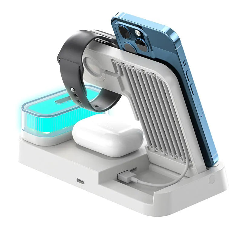 White 4 in 1 multifunction wireless charger station with foldable stand, alarm clock display, and RGB night light