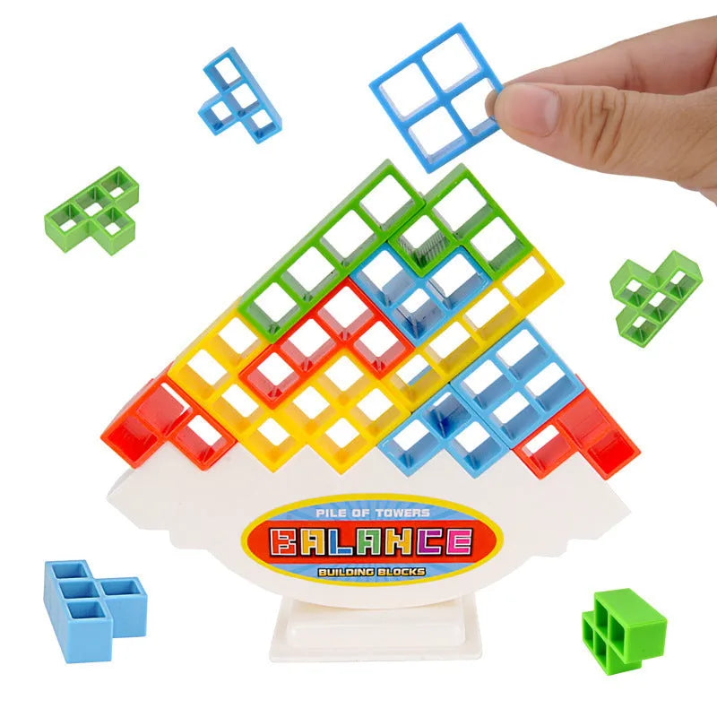 Plastic balance stacking game with colourful building blocks on 26.5cm square chassis