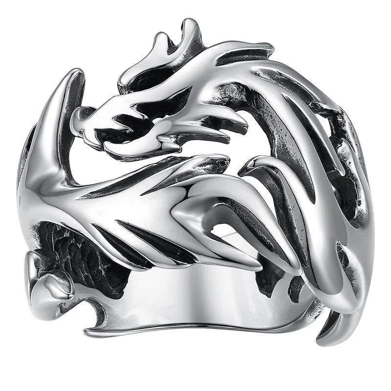 Adjustable Chinese dragon pattern ring showing antique silver blue electroplated finish