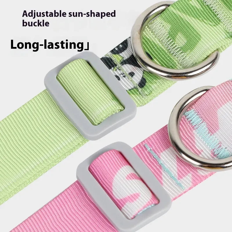 Cartoon patterned adjustable nylon dog collar in gradient colour and panda green, shown in S, M, L sizes.