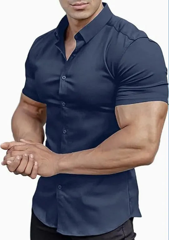 Men's short sleeve collared casual shirt in polyester, available in brown, blue, khaki and other colours.