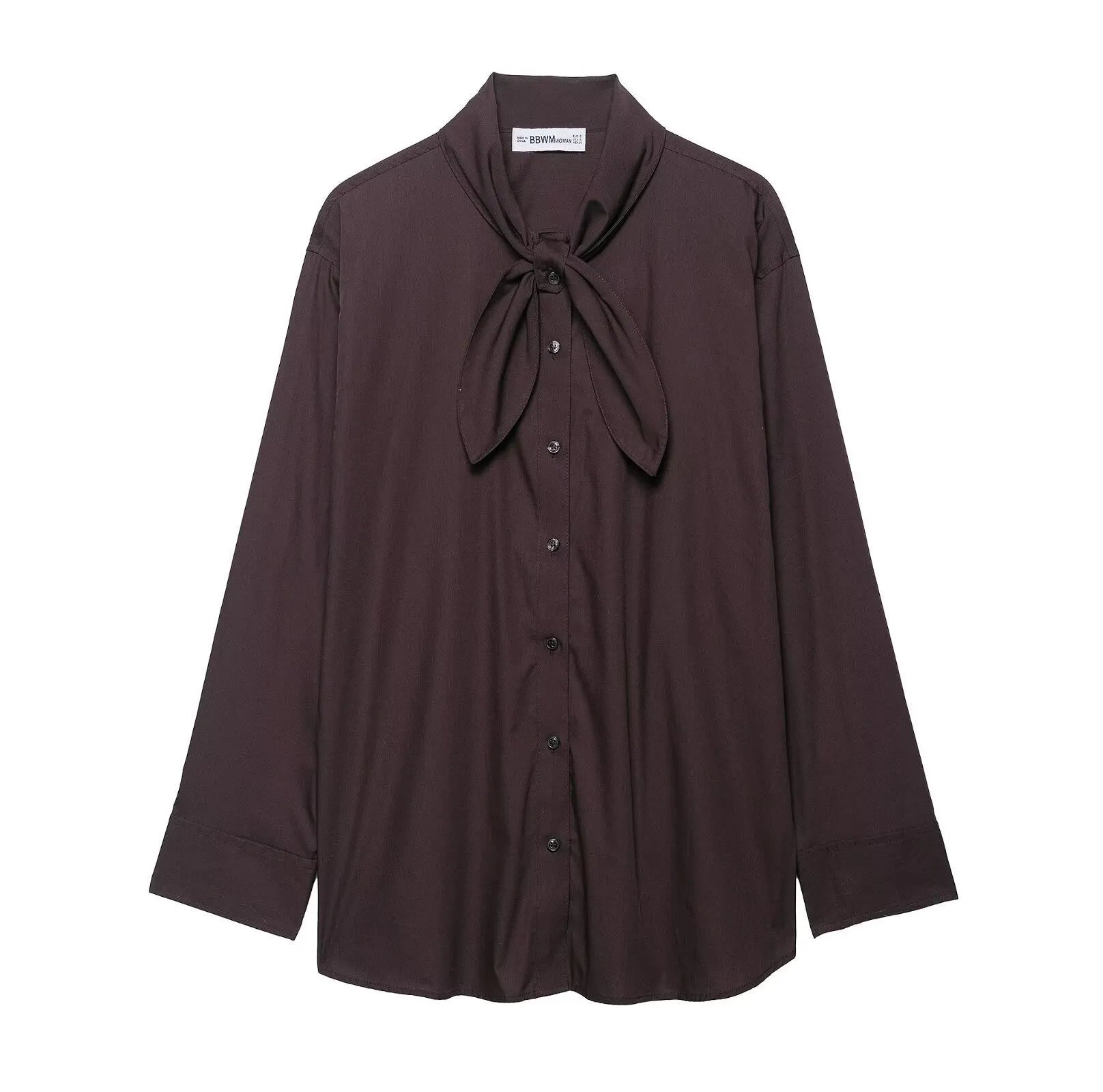 Women's brown solid colour poplin shirt with bow tie and long sleeves, loose fit