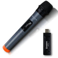Black V12 dynamic wireless handheld microphone with USB receiver, audio cable and adapter