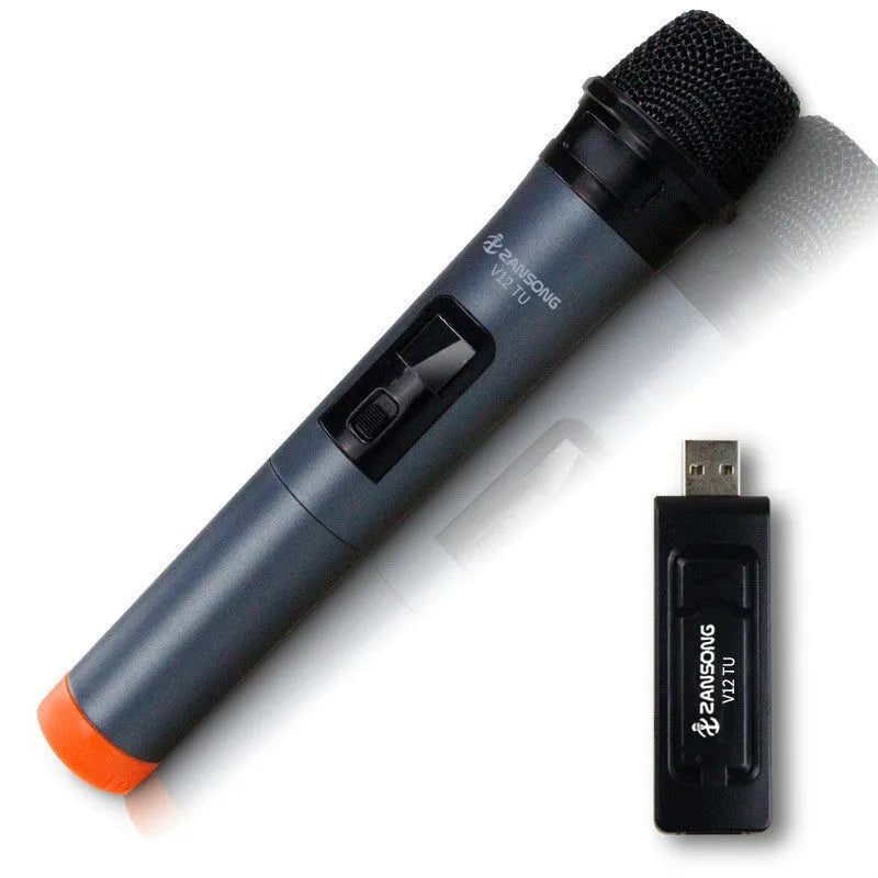 Black V12 dynamic wireless handheld microphone with USB receiver, audio cable and adapter