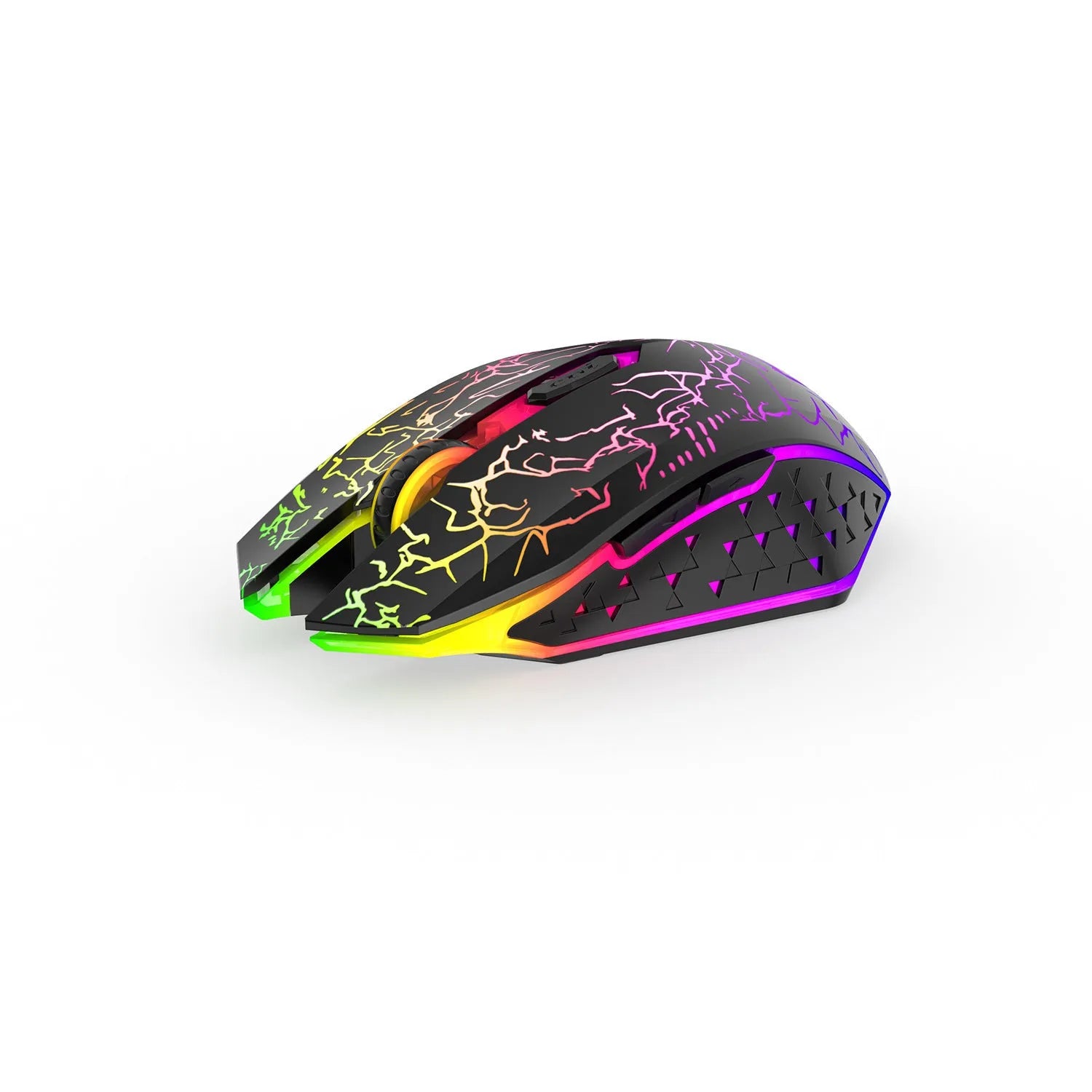 Black and white gaming mouse with luminous breathing light, showing dual-mode connectivity and self-charging design