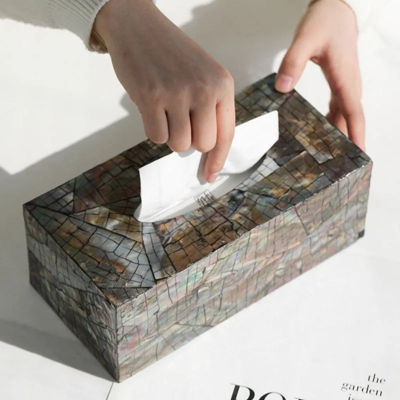 Natural shell tissue box storage container in modern design with removable organisation insert