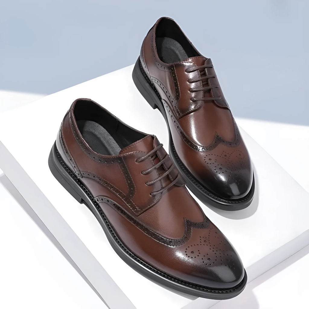 Men's black and brown brogue Oxford lace-up business shoes on a white background.