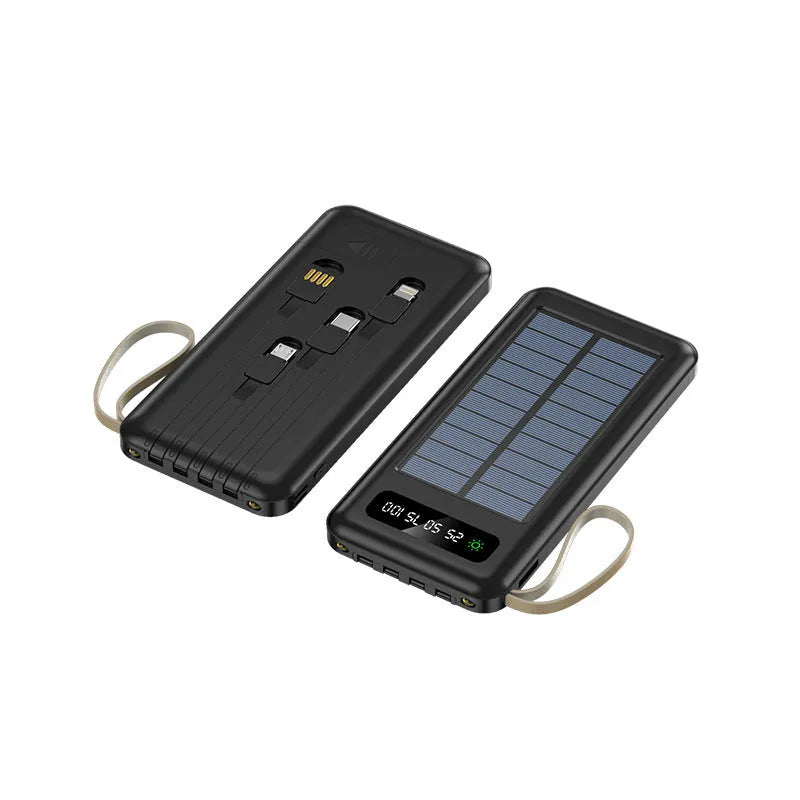 Solar power bank in black or white showing solar panel and compact rectangular design with capacity options