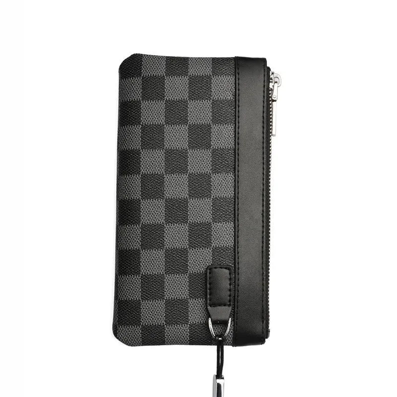 Men's black genuine cowhide leather clutch wallet showing front view, 20cm by 10cm in size.