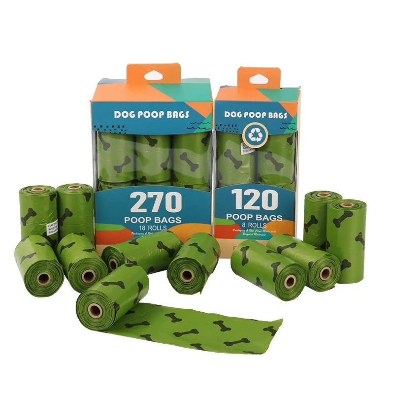 Military green degradable dog poop bags with black bone print, rolled with dispenser