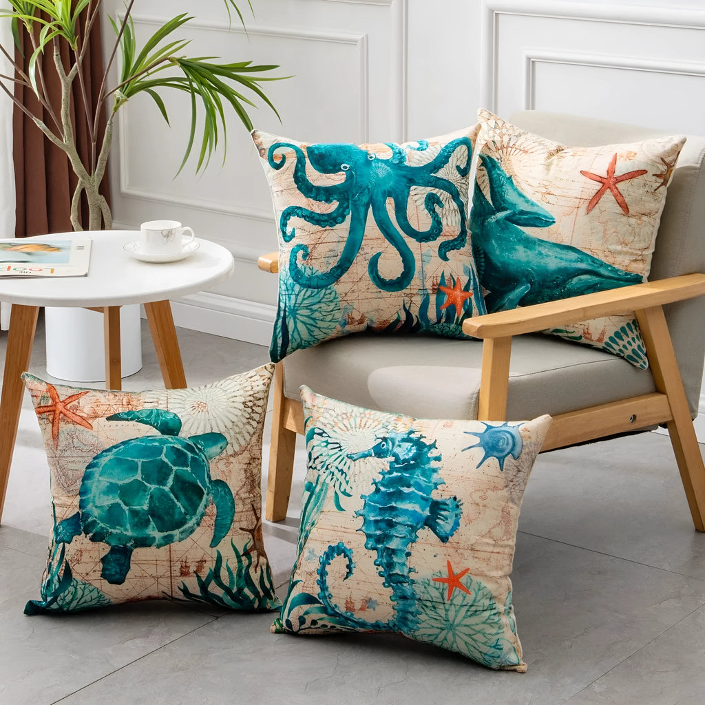 Sea turtle printed linen cushion cover 45x45cm with invisible zipper on sofa