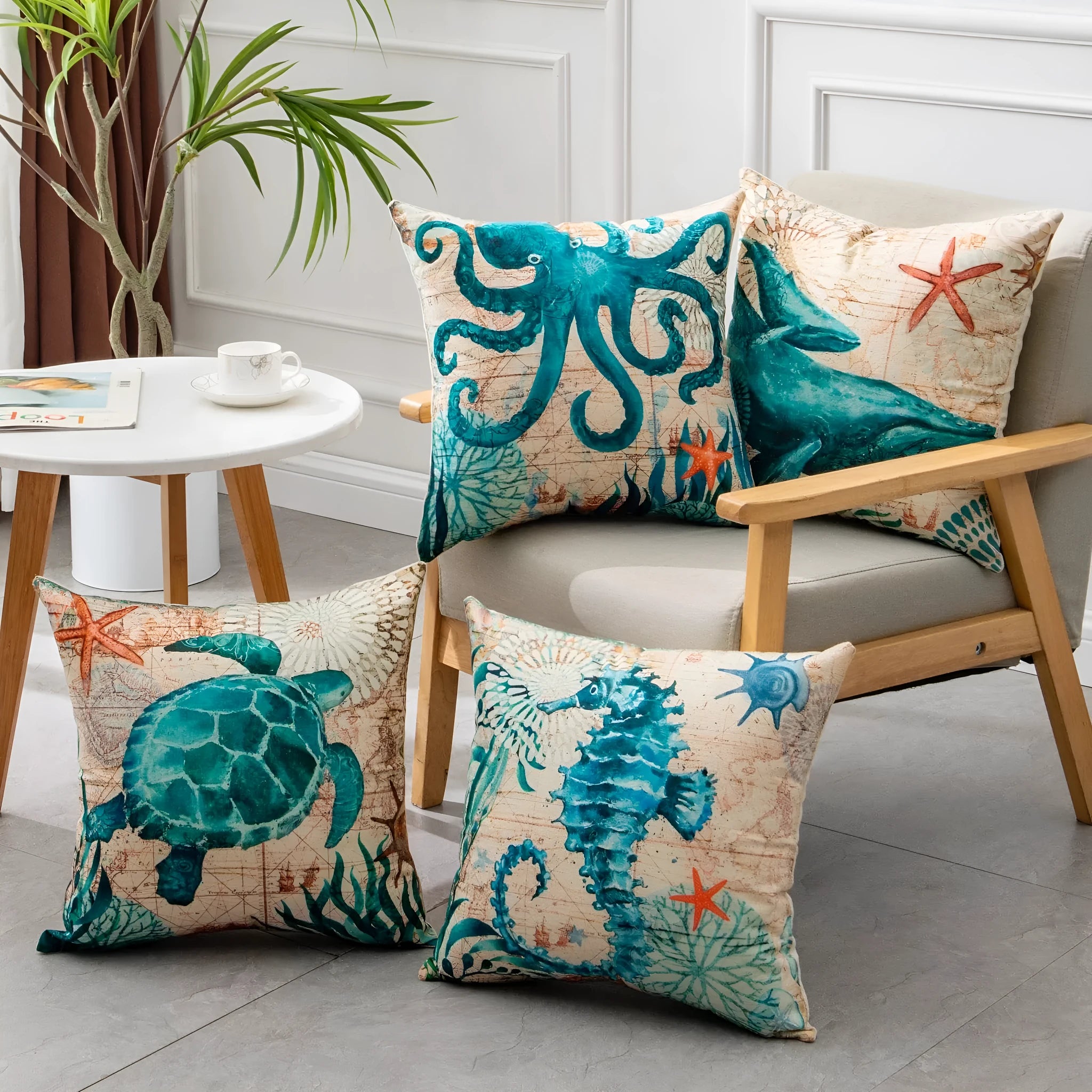 Sea turtle printed linen cushion cover 45x45cm with invisible zipper on sofa
