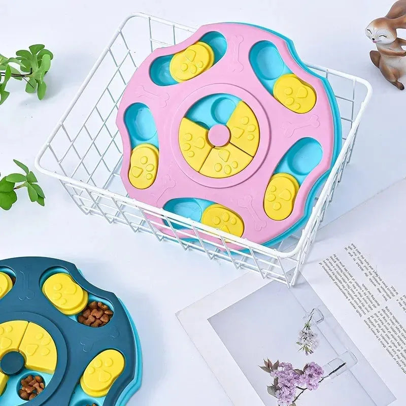 Blue and pink dog puzzle feeder bowl toy for interactive food searching and slow eating