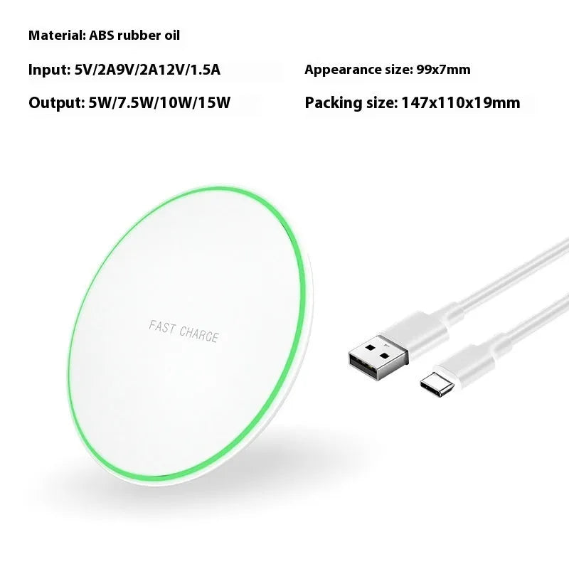 Ultra-thin round wireless charger in white with Type-C cable, 15W fast charging pad for desktop