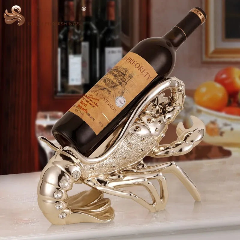 Lobster-shaped decorative wine rack ornament in rose gold or silver resin for home bar display