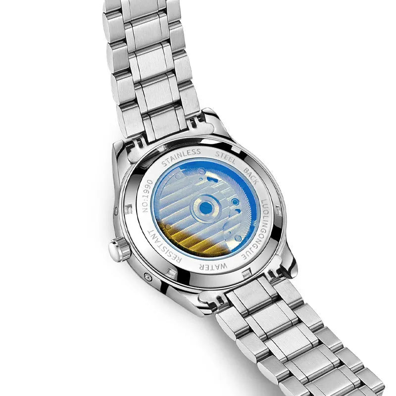 Men's stainless steel business mechanical watch with hollow skeleton dial and leather strap.