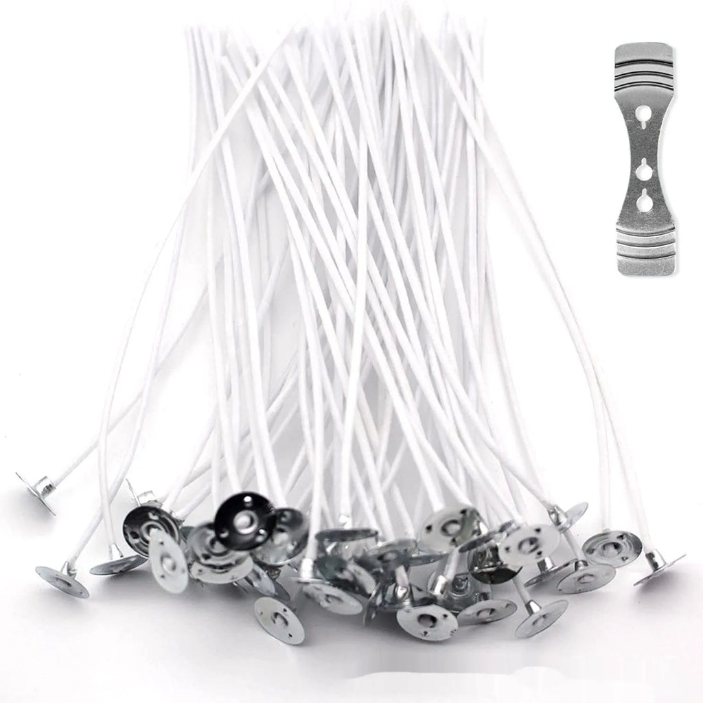 White cotton candle wicks in three lengths: 2.6cm, 6cm, and 8cm for DIY candle making