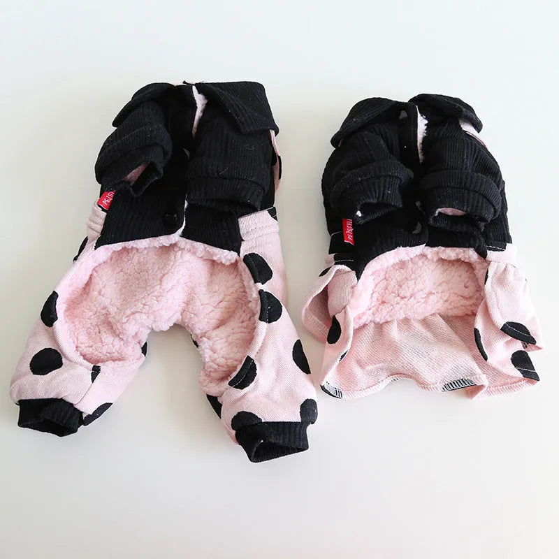 Dog couple clothing outfits in skirt and four-legged styles showing size options from XS to XL
