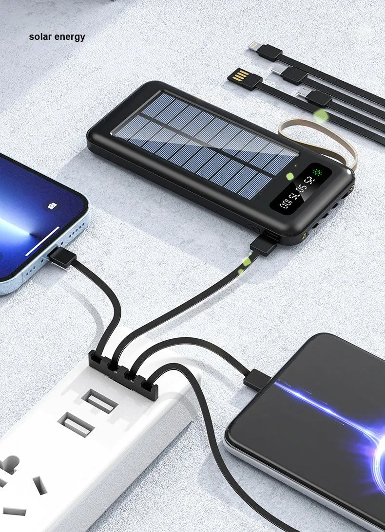 Solar power bank in black or white showing solar panel and compact rectangular design with capacity options