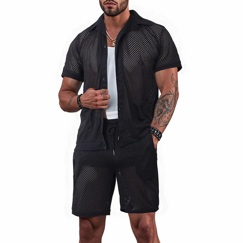 Women's see-through short sleeve cardigan and matching shorts set in Lake Blue for summer beach leisure