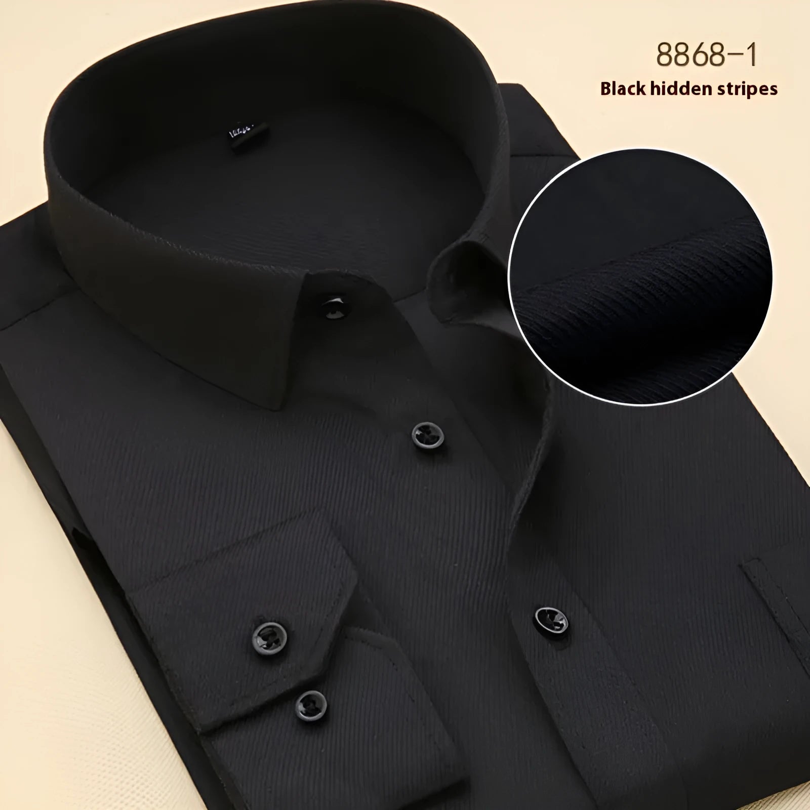 Men's black slim fit long sleeve business shirt made from cotton fabric on a hanger.