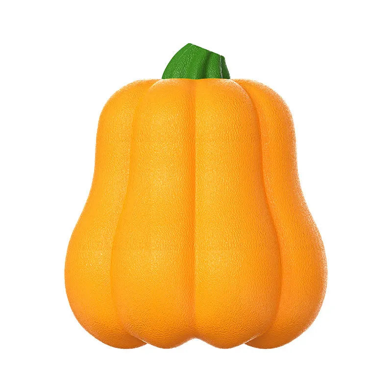 Orange pumpkin-shaped plastic dog chew toy with attached rope handle for large breed dogs