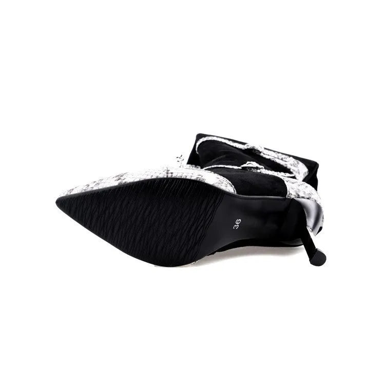 Women's grey and black knee high boots with 9cm thin heels and velvet lining