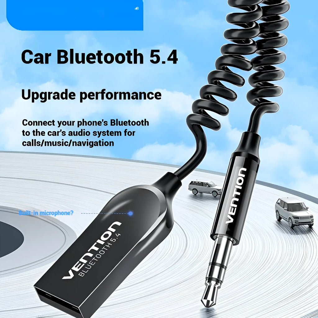 NAI model USB car Bluetooth audio receiver with black PU quilted cable, zinc alloy USB plug, and copper 3.5mm jack.