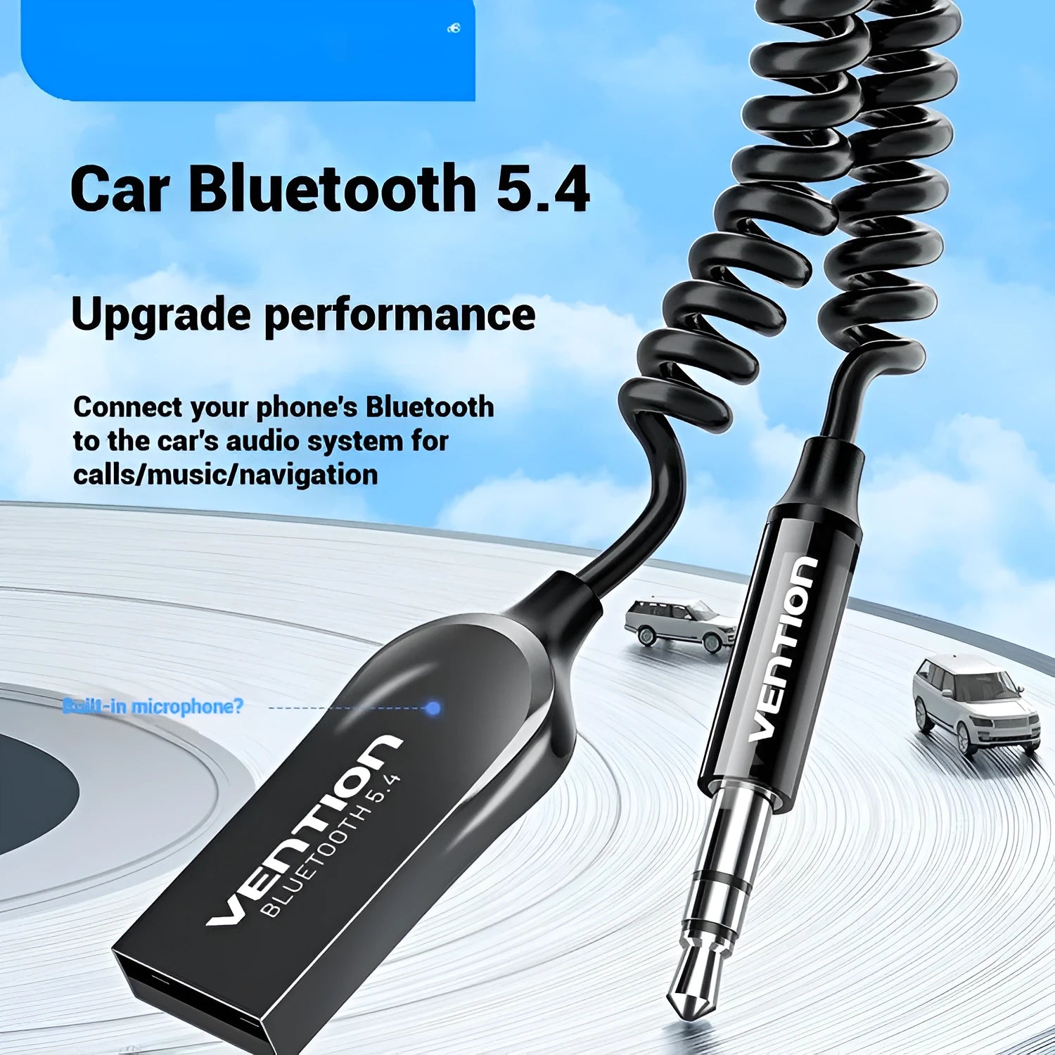 NAI model USB car Bluetooth audio receiver with black PU quilted cable, zinc alloy USB plug, and copper 3.5mm jack.