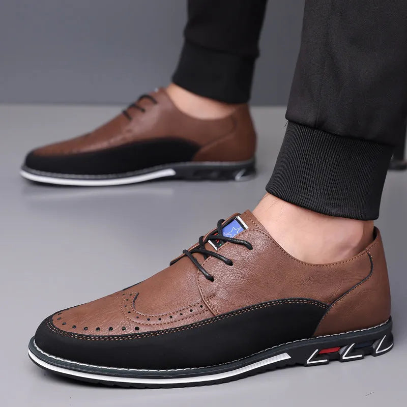 Men's low-top leather casual shoes in various colours with rubber sole and leather toe cap detail.
