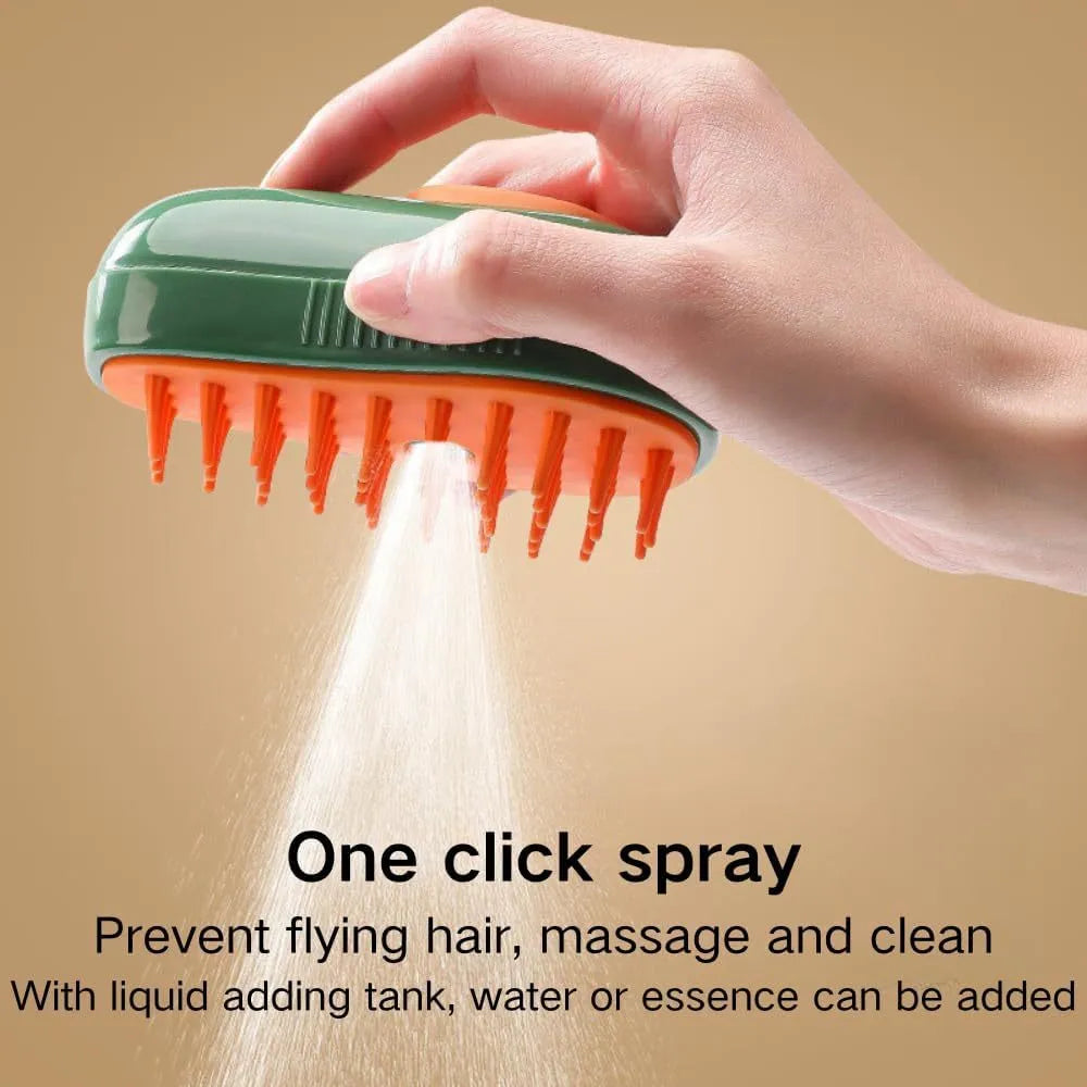 Green and white cat steam brush with silicone teeth and water spray function for pet grooming