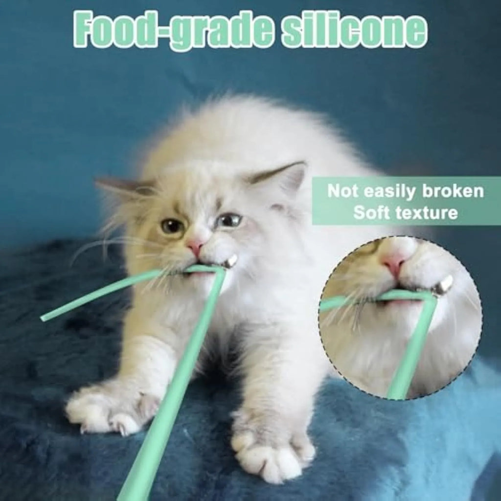 Green electronic cat toy with silicone swinging tail on 38cm wand for indoor cat entertainment
