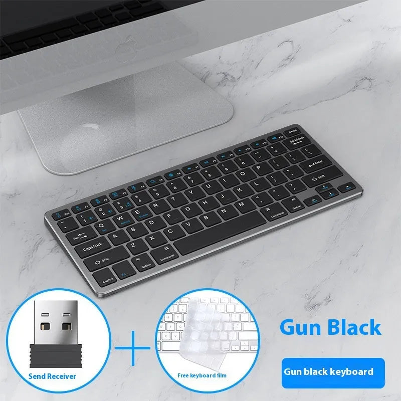 Ultra-thin wireless keyboard and mouse set in silver colour with USB receiver and protective cover.