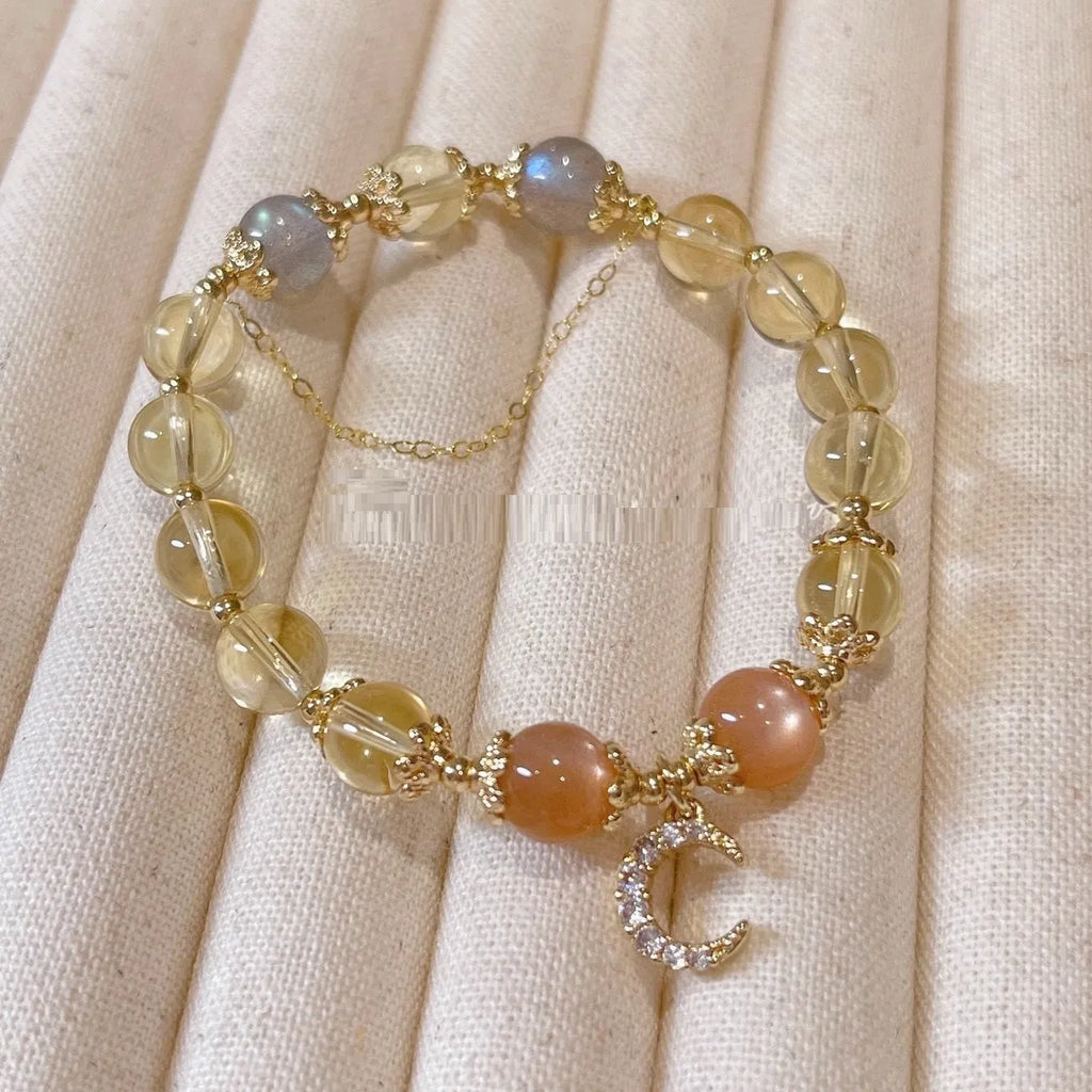 Citrine moon crystal bracelet with 14K gilded finish and diamond cut for women