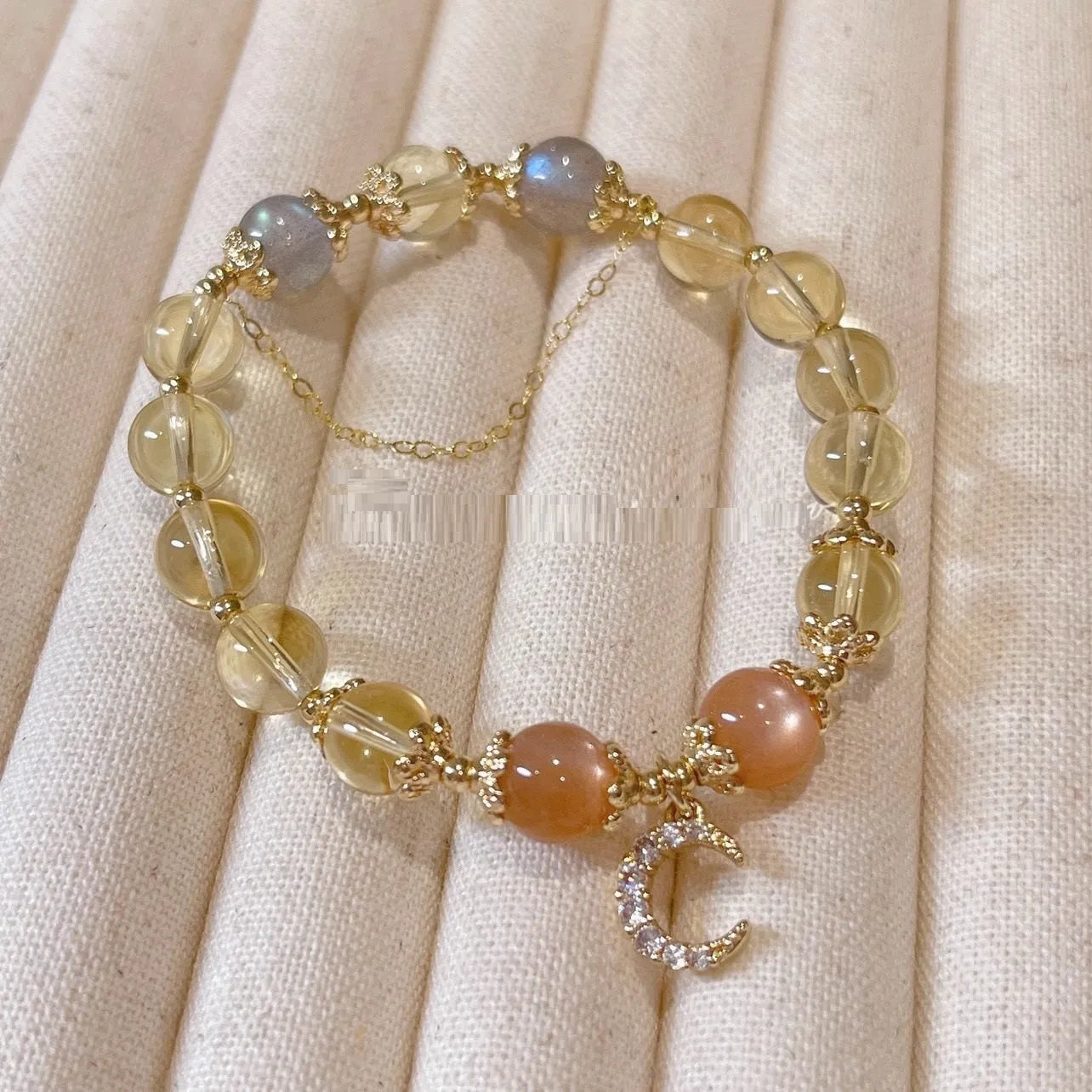 Citrine moon crystal bracelet with 14K gilded finish and diamond cut for women