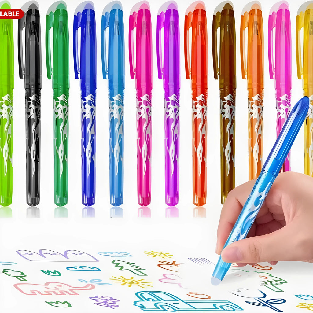 Set of hot erasable gel pens in multiple colours with plastic shells and choice of 0.5mm or 0.7mm stainless steel nibs.