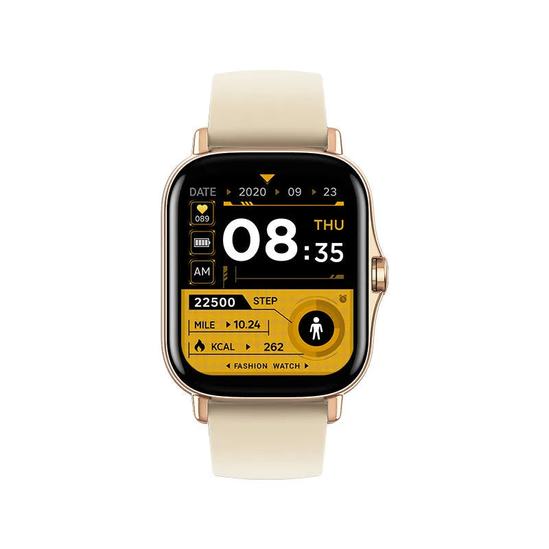 GT20 smartwatch with black silicone strap and alloy case showing heart rate monitoring on screen.