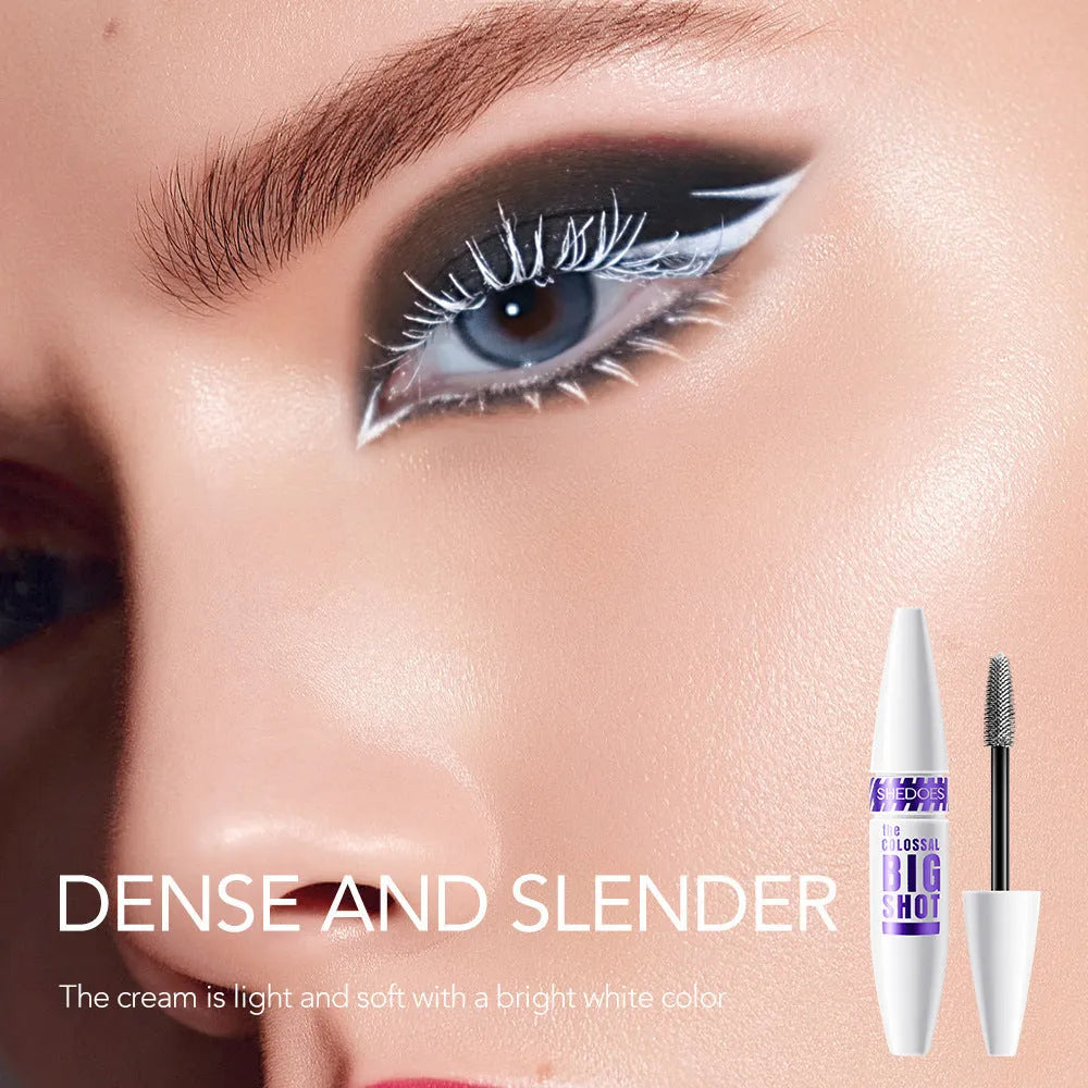 White waterproof mascara tube with 10ml net content and standard brush applicator for curling lashes