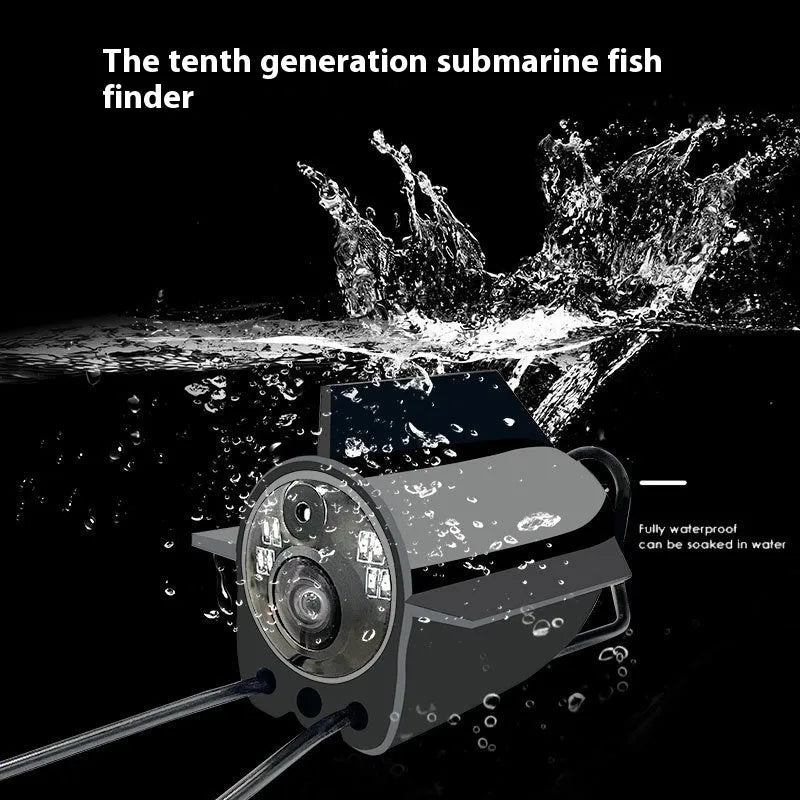 Fish finder underwater camera with 4.3-inch screen, showing wide-angle underwater view with night vision lights illuminated.