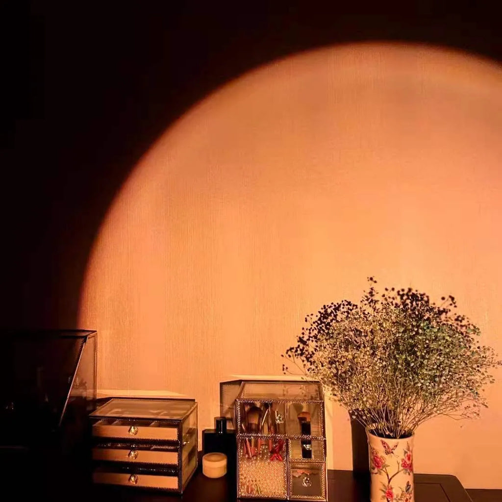 USB rechargeable sunset projection lamp showing rainbow light projection in sunset red colour