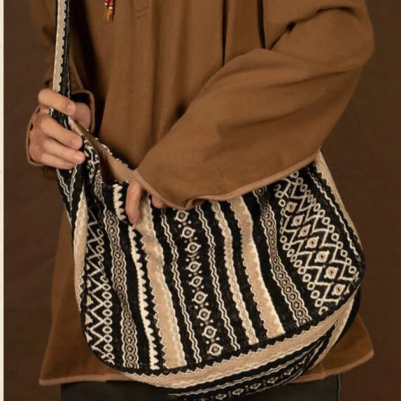 Retro striped cotton corduroy messenger bag with adjustable plaid strap and front zipper