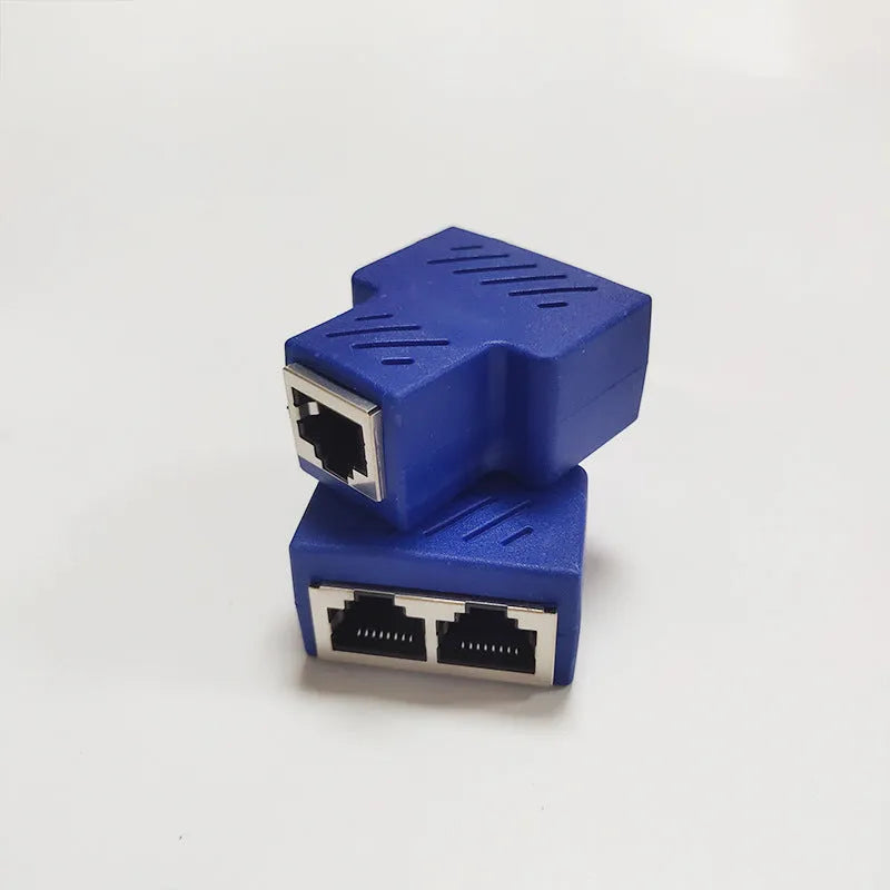 RJ45 network cable splitter adapter in multiple colours, showing one male and two female ports.