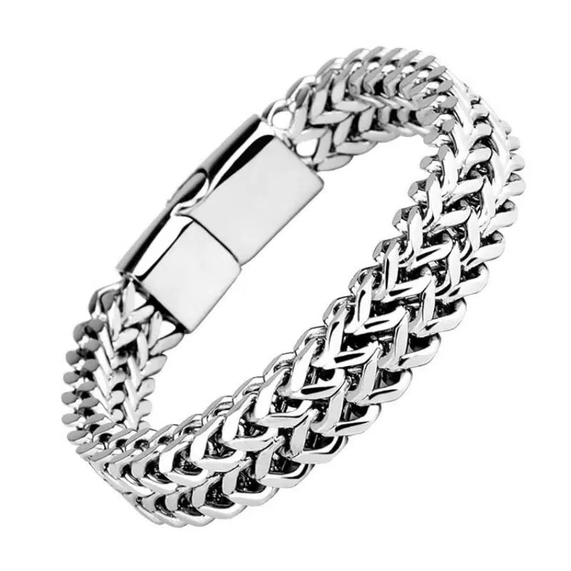 Silver geometric stainless steel men's bracelet with front and back hip hop design