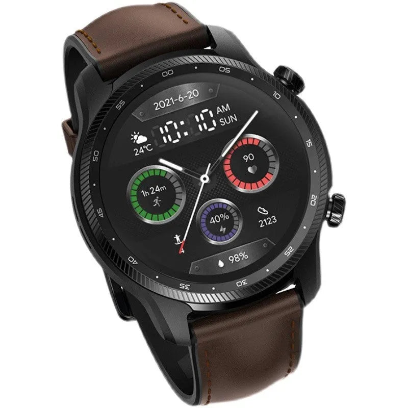 Ticwatch Pro X smart watch with circular display showing fitness metrics