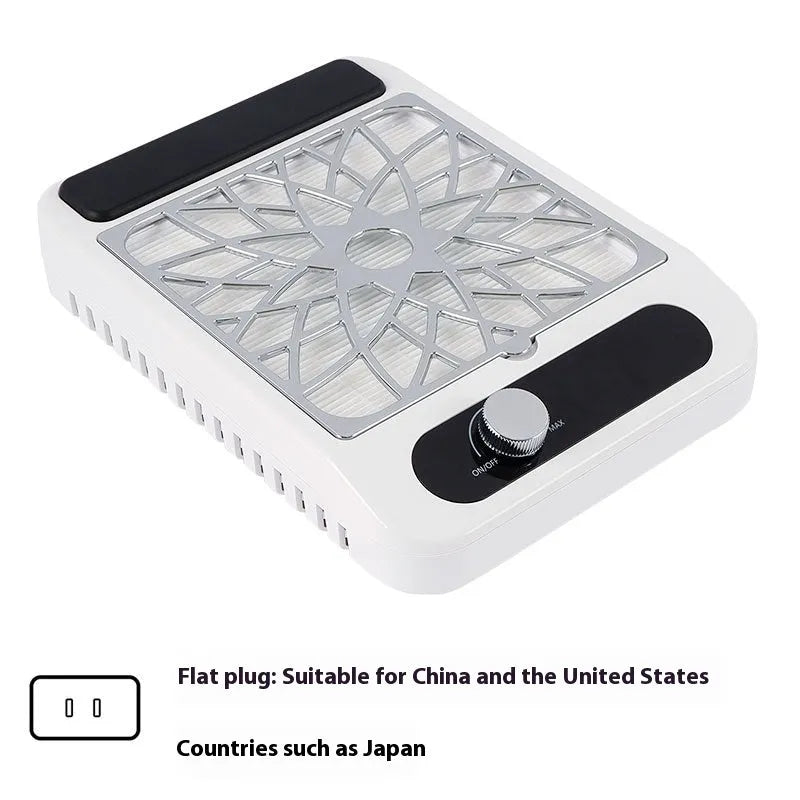 White high-power nail dust collector with adjustable speed and filter net on table