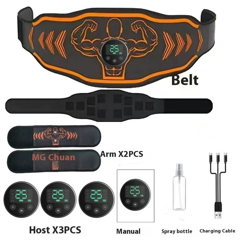 Smart EMS massage belt fitness equipment with rechargeable host unit, belt and arm straps in blue colour