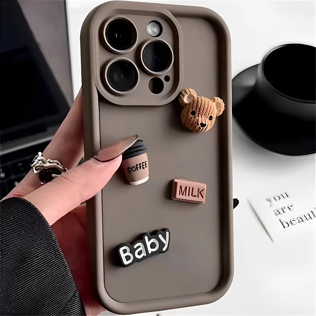 Brown stereo coffee doll bear soft TPU phone case for iPhone with all-inclusive frosted finish