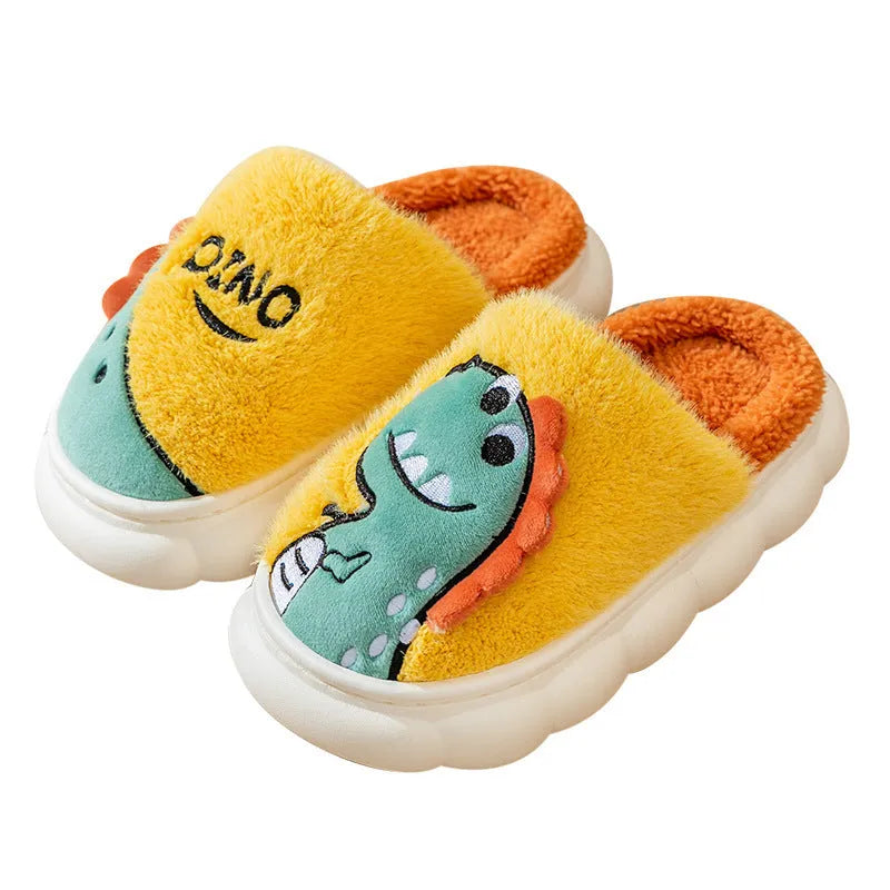 Cotton plush indoor slippers with dinosaur print designs in coffee, grey, and orange-yellow colour options