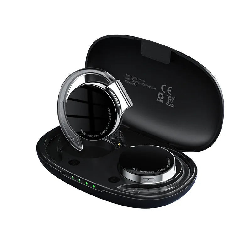 Black and white wireless sports Bluetooth earphones with 15m range showing ear plug design